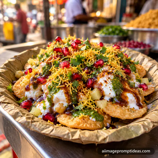 Papdi chaat topped with curd, chutneys, sev and pomegranate on a leaf plate, AI generated