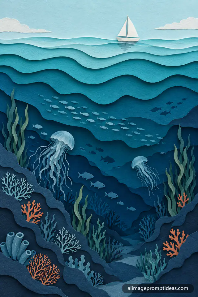 Layered paper cut art ocean with a sailboat, fish, jellyfish and coral in blue layers, AI generated