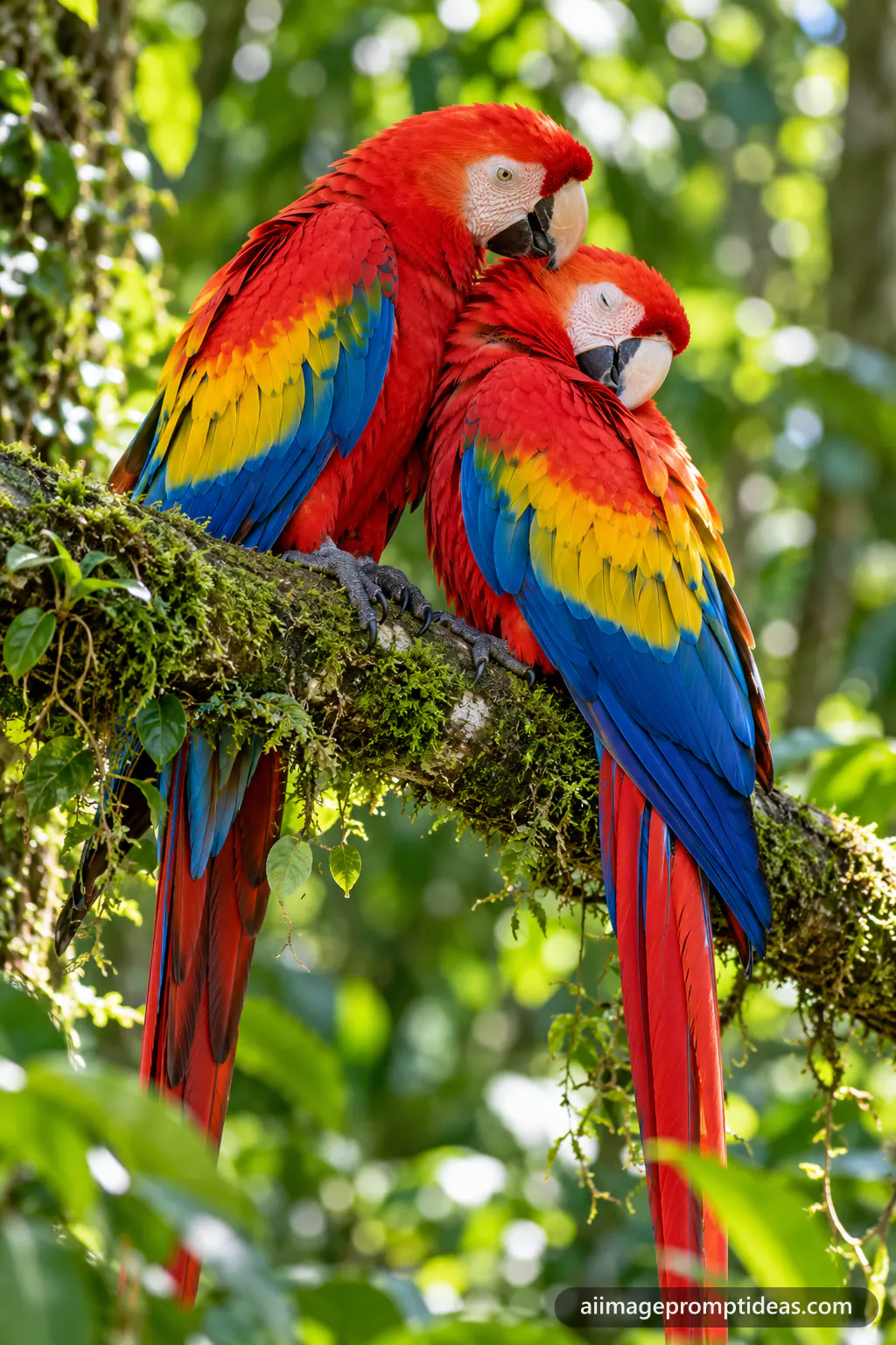 Two scarlet macaws sitting close on a mossy branch, one preening the other, AI generated