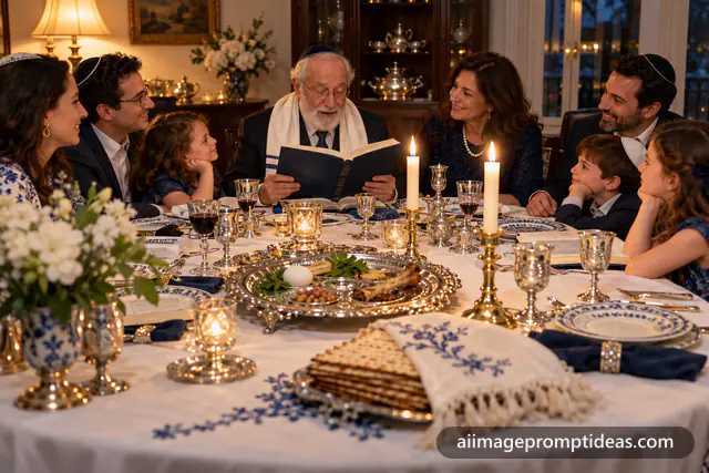 Family sharing a Passover seder dinner with matzah and candles, AI generated