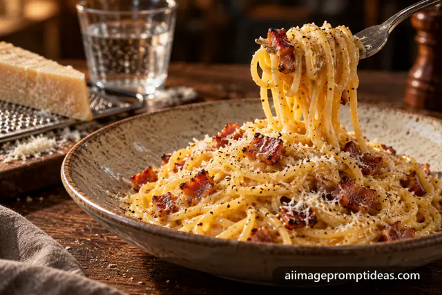 Creamy spaghetti carbonara with pancetta and parmesan twirled on a fork, AI generated