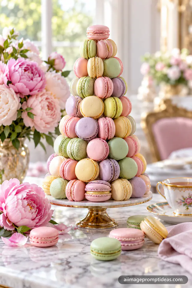 Tall tower of pastel macarons on a marble table beside peonies and a teacup, AI generated