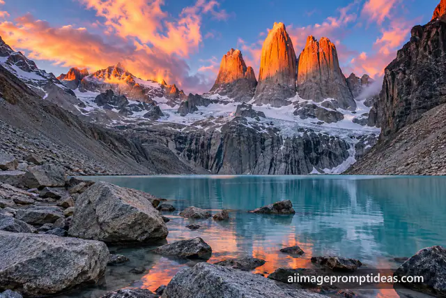 Granite towers of Torres del Paine glowing orange at sunrise above a turquoise lake, AI generated