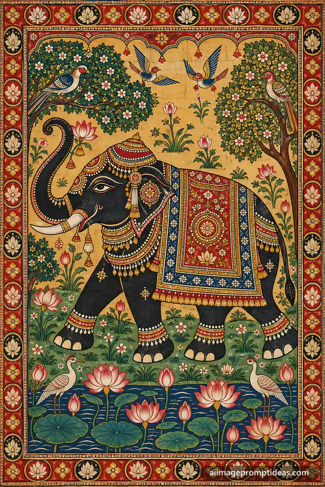 Pattachitra-style painting of a decorated elephant in a lotus garden, AI generated