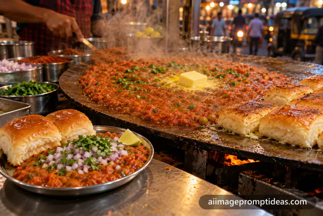 Pav bhaji bubbling on a huge tawa with melting butter and toasted pav beside a plate, AI generated