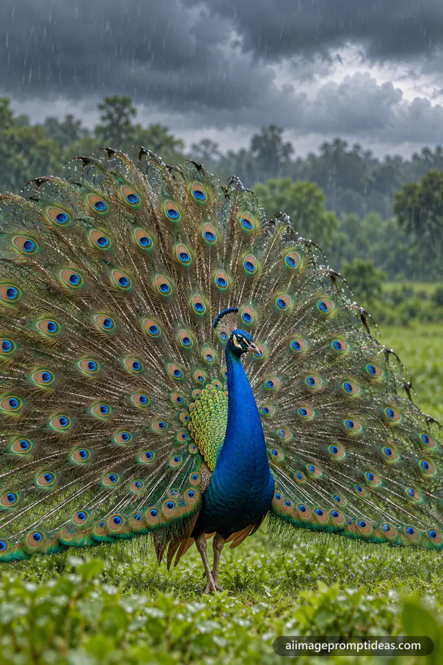 Peacock dancing with its iridescent tail fully spread in light monsoon rain, AI generated