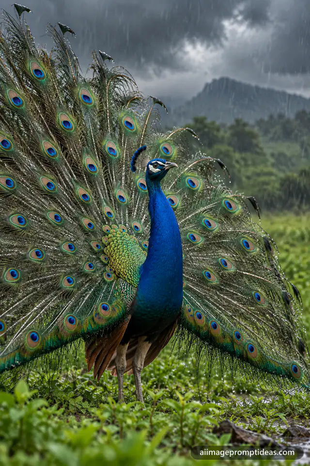 Indian peacock dancing with its tail fanned out in the monsoon rain in a green field, AI generated