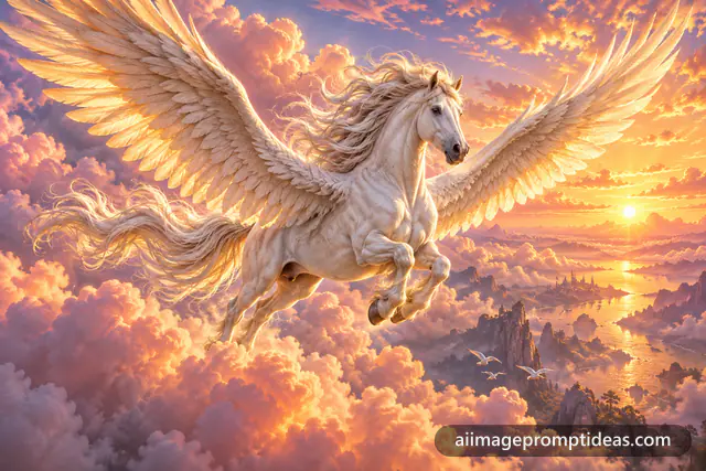 White winged Pegasus soaring through golden and pink sunset clouds, AI generated