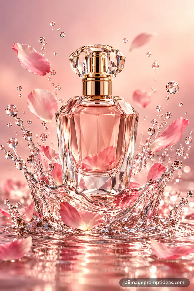 Faceted glass perfume bottle with a gold cap in a water splash with rose petals, AI generated