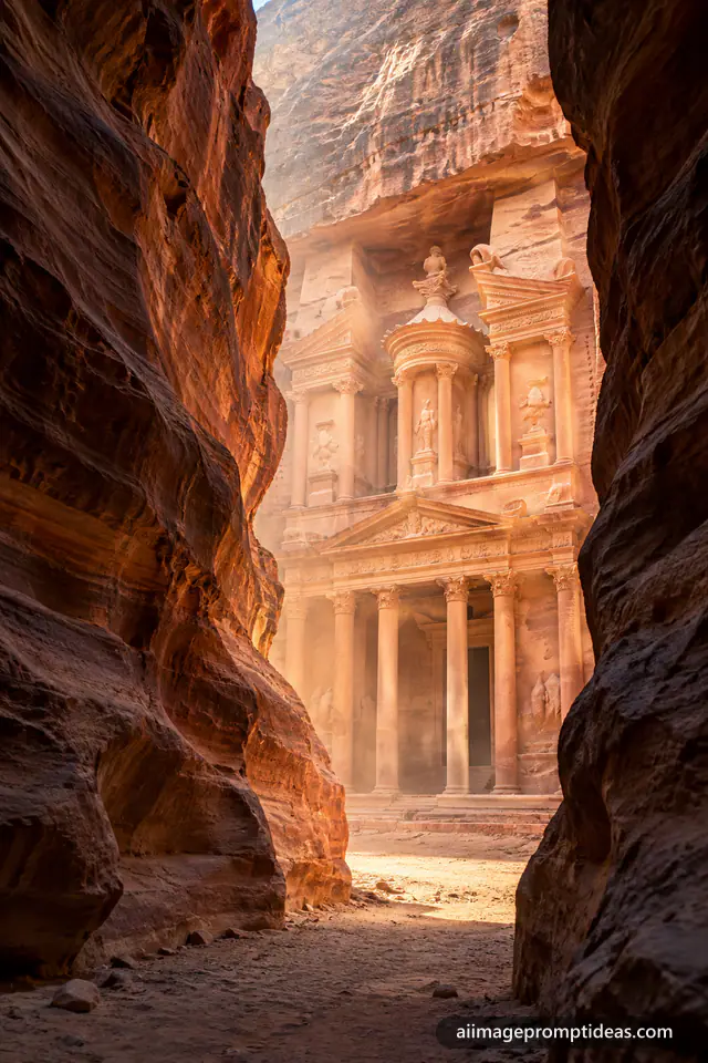 Rose-red Petra Treasury glowing at the end of the narrow Siq canyon, AI generated