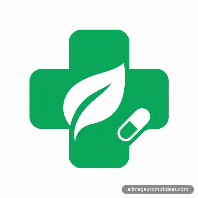 Flat vector green pharmacy logo with a cross and leaf, AI generated