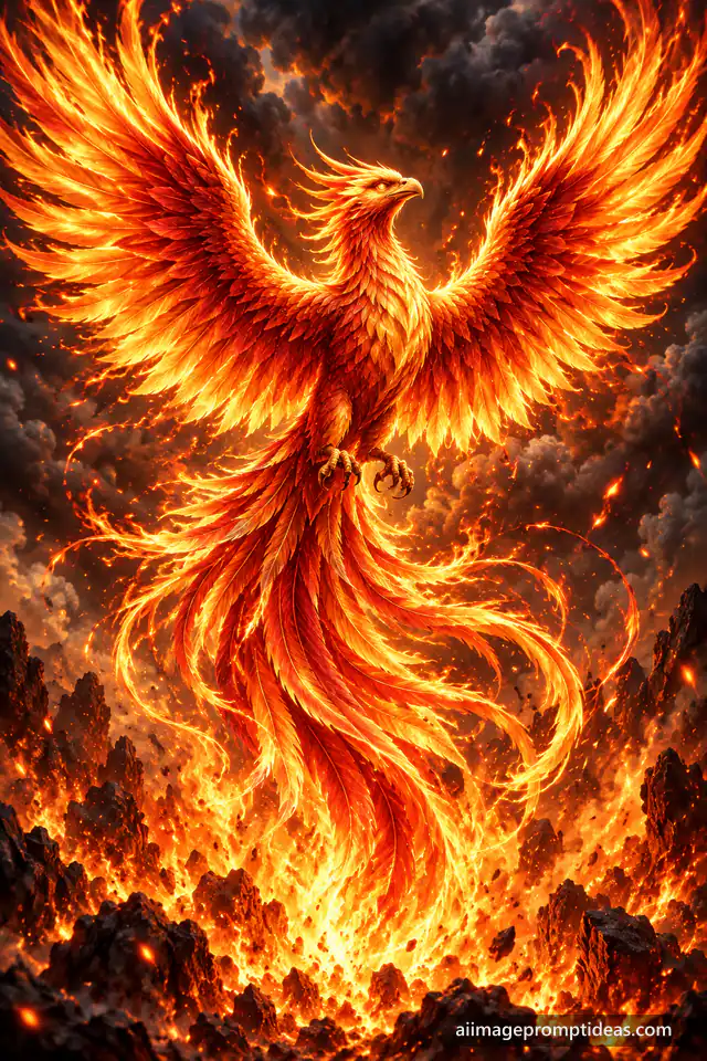 Majestic phoenix with huge fiery wings rising from flames against a dark sky, AI generated
