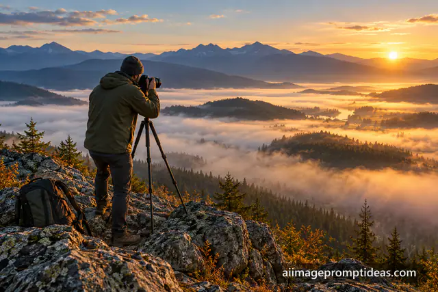 Photographer with a camera on a tripod on a hilltop shooting a misty valley at sunrise, AI generated