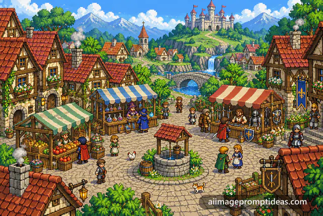 16-bit pixel art fantasy village market with stalls and a castle on a hill, AI generated