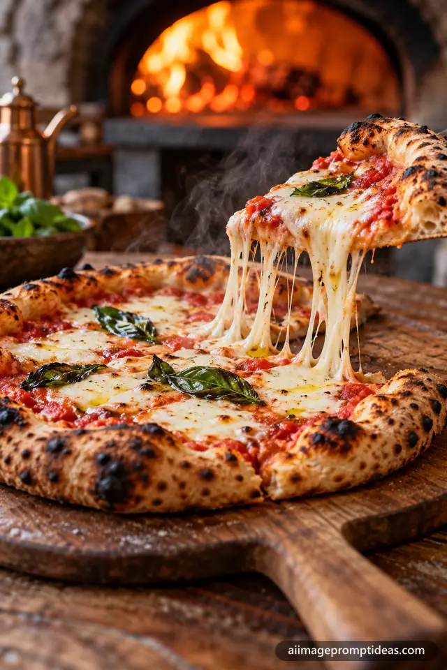 Wood-fired margherita pizza slice lifted with a long melted cheese pull and fresh basil, AI generated