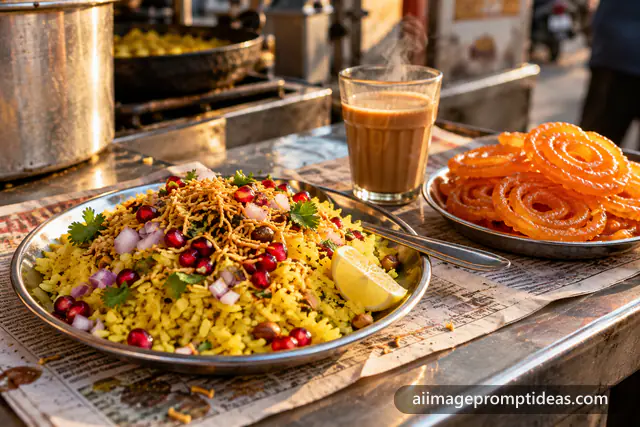 Indori poha topped with sev and pomegranate beside hot jalebis and a glass of chai, AI generated