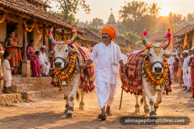 Farmer leading decorated bullocks with painted horns during the Pola festival, AI generated
