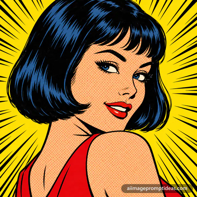 Pop art comic style portrait of a woman with a black bob and red lips on a yellow halftone background, AI generated