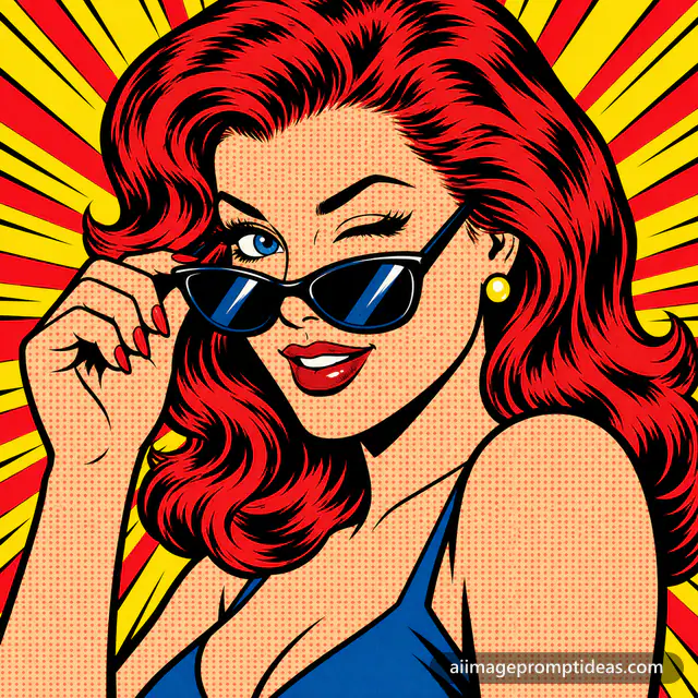 Pop art comic style portrait of a winking woman with red hair and halftone dots, AI generated