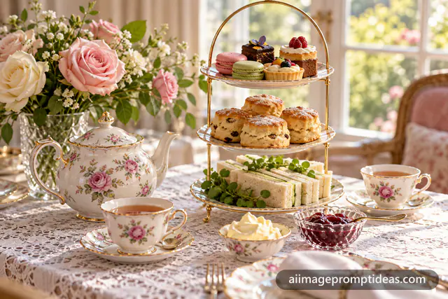 Afternoon tea table with a floral porcelain teapot, cake stand of scones and macarons and roses, AI generated