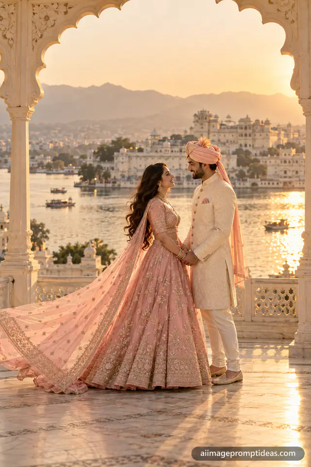 Couple in a blush lehenga and ivory bandhgala on an Udaipur palace terrace above Lake Pichola, AI generated