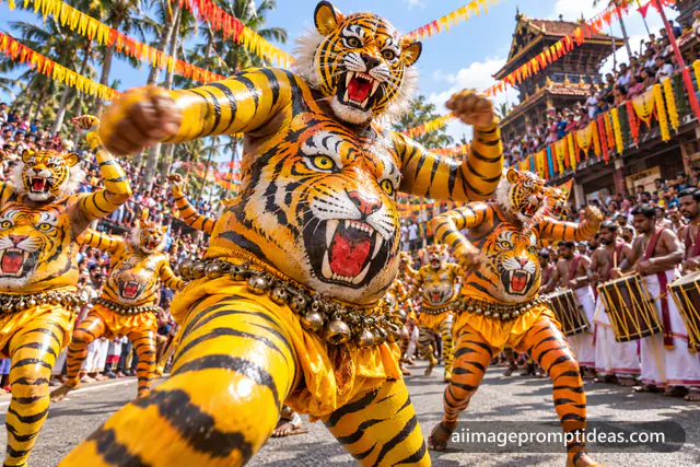 Pulikali performers painted as tigers dancing in a street during Onam, AI generated