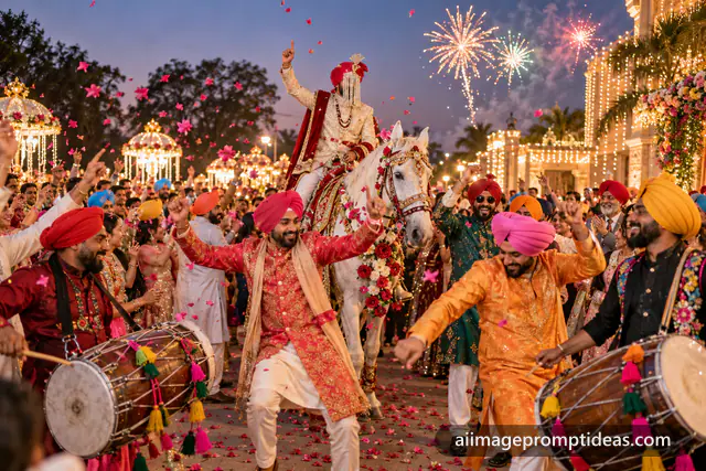 Punjabi baraat with a groom on a white horse, dhol players and dancing relatives at dusk, AI generated