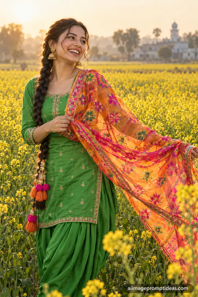 Punjabi woman in a phulkari dupatta laughing in a blooming yellow mustard field at golden hour, AI generated