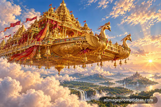 Golden Pushpaka Vimana flying chariot soaring above clouds at sunrise, AI generated