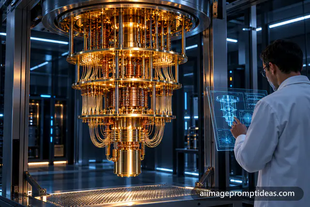 Golden chandelier-like quantum computer glowing in a dark lab with a scientist nearby, AI generated