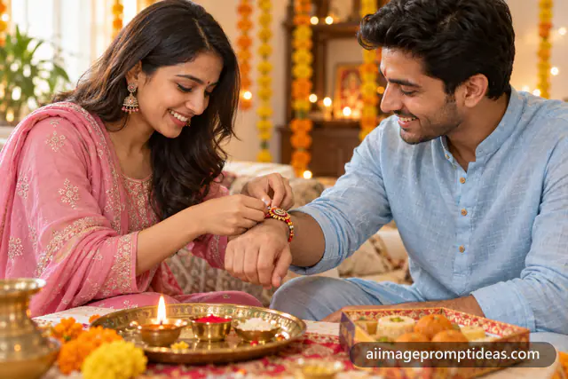 Sister tying a colorful rakhi on her brother's wrist with a puja thali and sweets, AI generated
