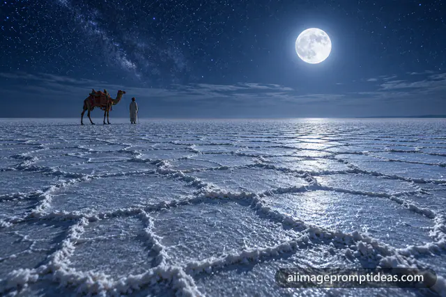 White salt desert of the Rann of Kutch glowing under a full moon with a lone camel, AI generated