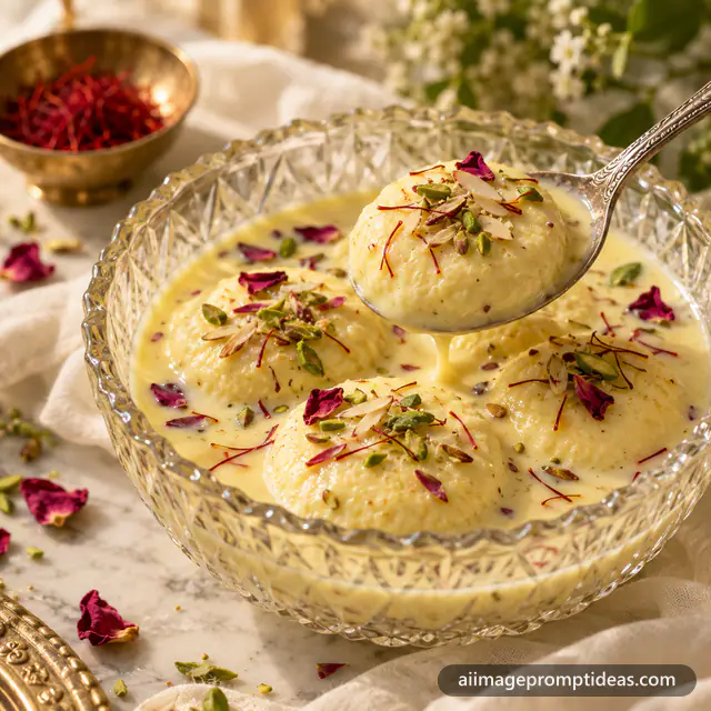 Rasmalai soaking in saffron milk in a crystal bowl topped with pistachios and rose petals, AI generated