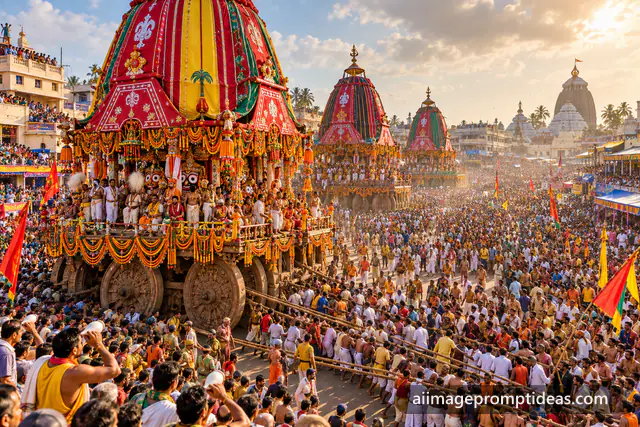 Giant striped Jagannath chariot pulled by a huge crowd during Rath Yatra in Puri, AI generated