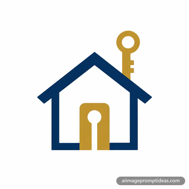 Navy and gold real estate logo of a house outline with a key forming the door, AI generated