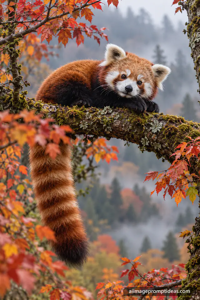 Fluffy red panda resting on a mossy branch among orange autumn leaves, AI generated