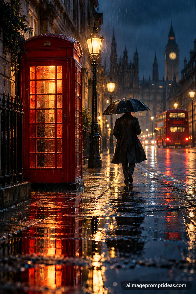 Glowing red phone booth on a rainy cobblestone London street at night with an umbrella, AI generated