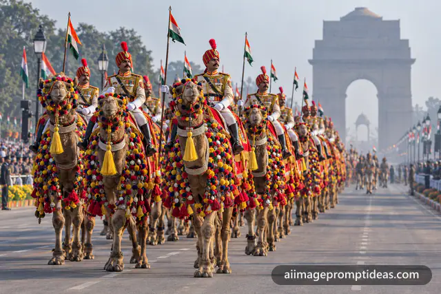 Decorated camels ridden by soldiers in red turbans marching at the Republic Day parade, AI generated