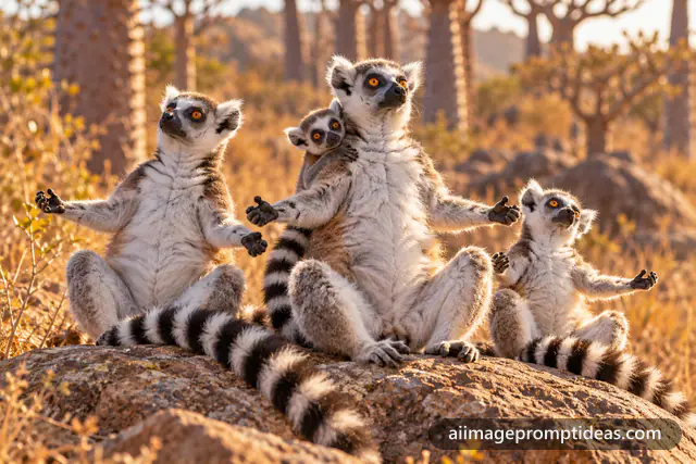 Family of ring-tailed lemurs sunbathing on a rock in Madagascar, AI generated