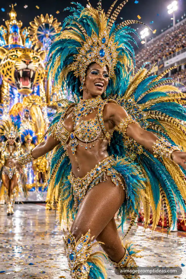 Samba dancer in a golden feathered costume at the Rio Carnival parade, AI generated