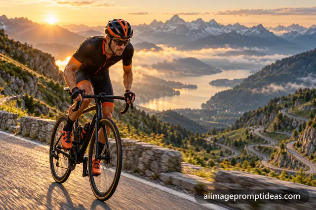 Road cyclist climbing a winding mountain road with hairpin bends at sunrise, AI generated