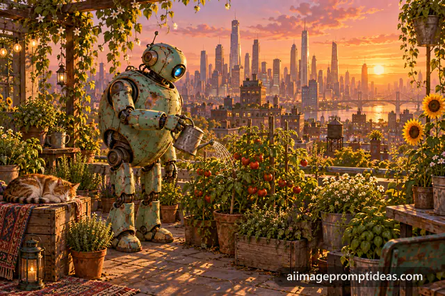 Friendly mint green robot watering plants in a rooftop garden above a city at sunset, AI generated