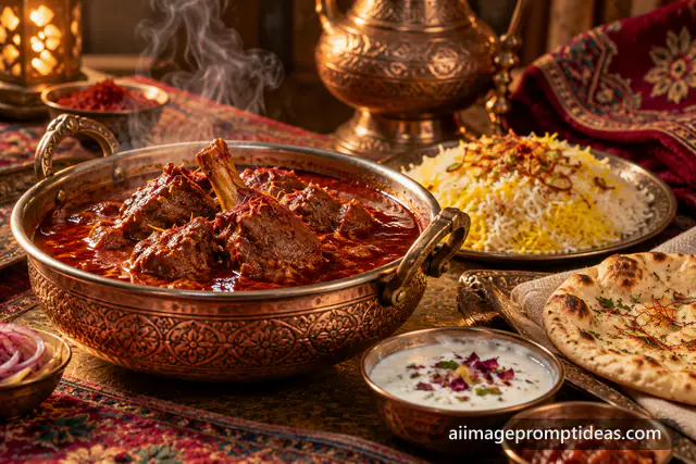 Deep red Kashmiri rogan josh in a copper bowl with saffron rice and naan, AI generated