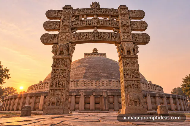 Great Stupa at Sanchi framed by its carved torana gateway at sunrise, AI generated