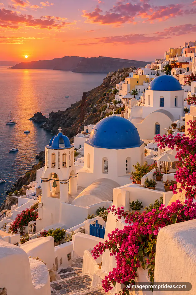 Whitewashed houses and blue-domed churches of Santorini on a cliff above the sea at sunset, AI generated