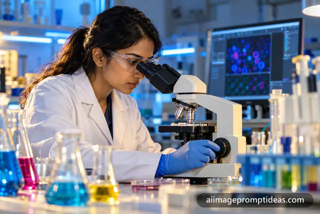 Woman scientist in a lab coat looking into a microscope in a modern lab, AI generated