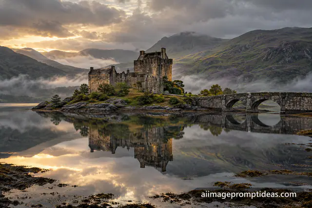 Old stone castle on an island in a misty Scottish loch with a stone footbridge, AI generated