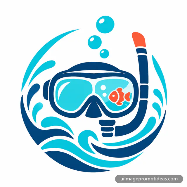 Flat vector scuba diving logo with a mask, snorkel and bubbles, AI generated