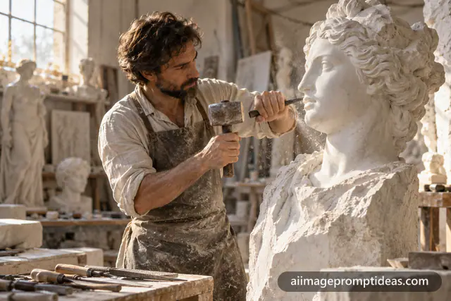 Sculptor chiseling the face of a white marble statue with marble dust in the light, AI generated