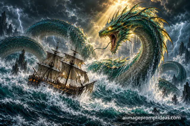 Giant sea serpent rising from a stormy ocean beside a sailing ship, AI generated